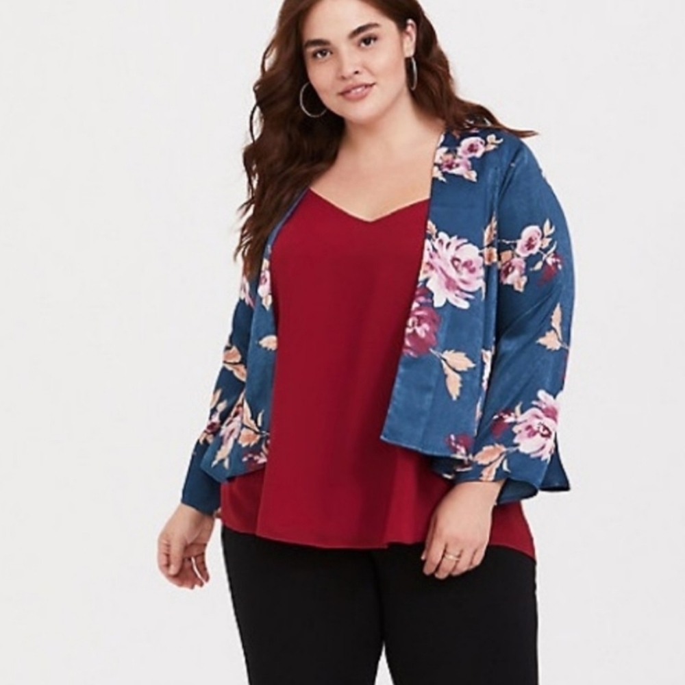 TORRID Teal Blue Floral Satin Open Front Kimono 3X 4X